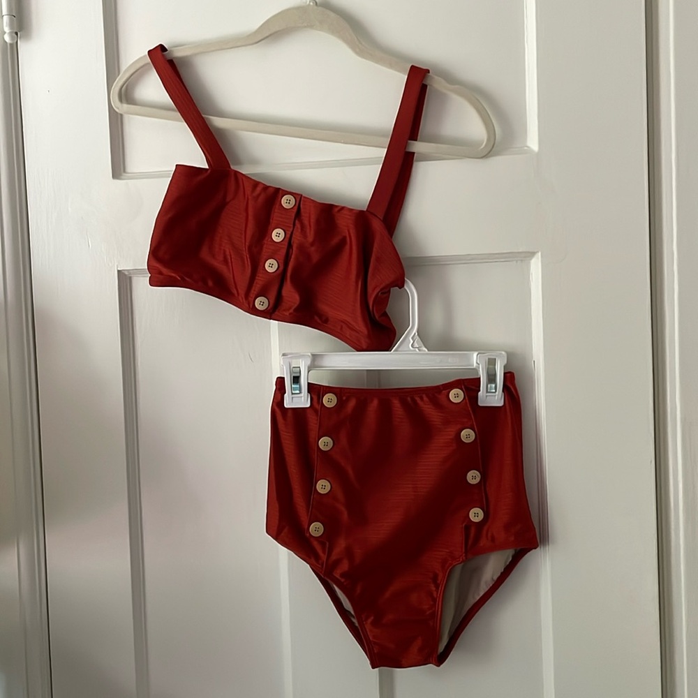 Women’s High-Waist Button-Front Bikini Top & Bottom Set - Red